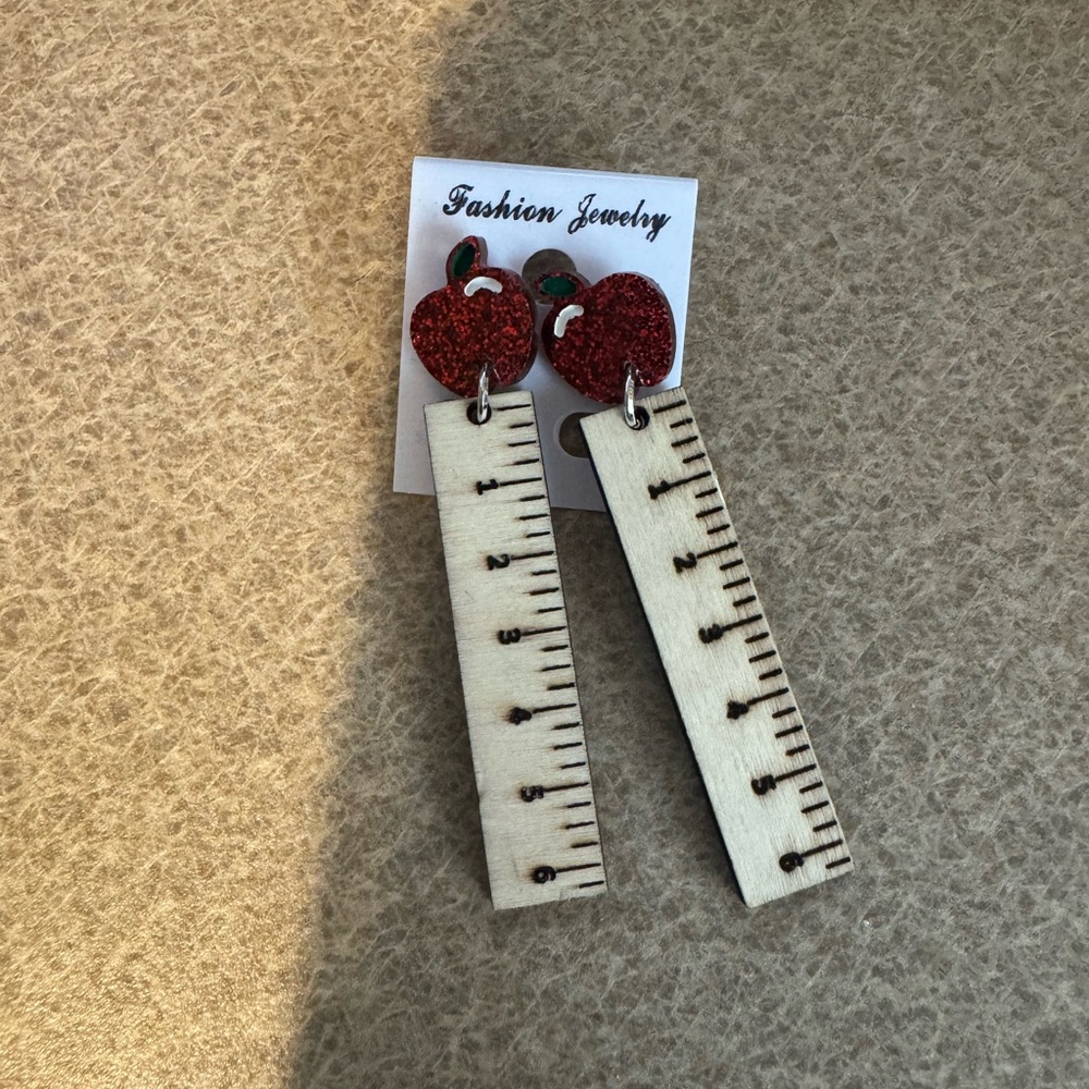 Glittery Red Heart and Ruler Earrings